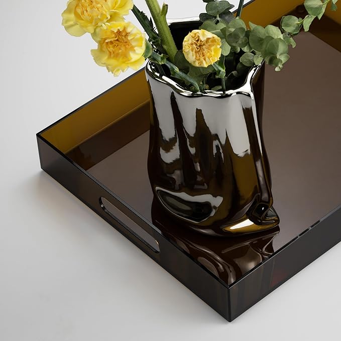 16"x12" Large Acrylic Serving Tray Decorative Ottoman Coffee Table Vanity Tray Tea Fruit Platter Snack Appetizer Dessert Drink with Handles for Bar Kitchen Party, Amber