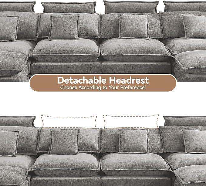 134'' Cloud Modern 4 Seater Couch with Detachable Headrest, Modular Sectional Sofa with 2 Ottoman, Oversized U Shape Chenille Comfy Sofa with Armrests for Living Room, Light Grey
