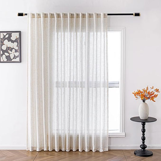 MYSKY HOME Linen Curtains for Living Room, Natural Semi Sheer Curtains & Drapes 84 inches Length 1 Panel Set Farmhouse Country Boho Style Back Tab Draperies for Sliding Glass Door, 100" Wide, Linen