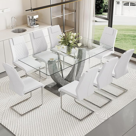 Glass Dining Table Set for 8, 9 PCS Kitchen Table Set with 8 Chairs,71" Tempered Glass Tabletop with Upholstered Chairs, Suitable for Dining Room and Kitchen