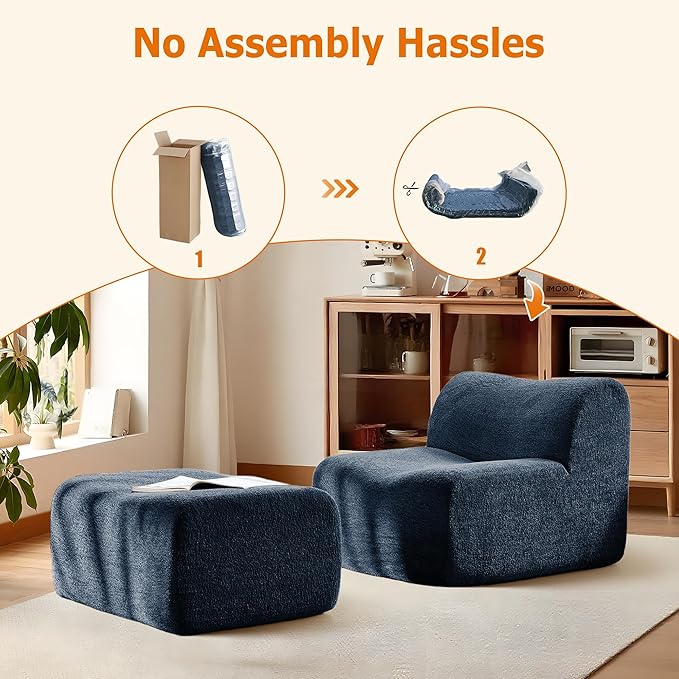 Lazy Sofa Chair, Modern Comfy Raindrop Velvet Fabric Deep Seat Armless Lounge Chair Movable Ottoman Set, 1-Seater Modular Sectional Sleeper Couch for Living Room, Bedroom, Office, Salon, Blue