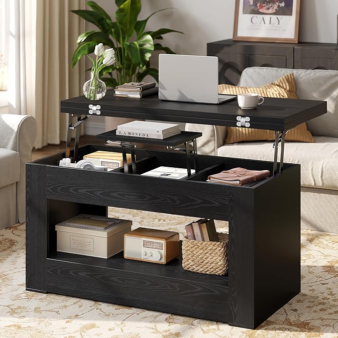 40" Lift Top Coffee Table, 4 in 1 Multi-Function Lift Coffee Tables with Storage and Hidden Compartment, Convertible Coffee Table to Dining Table for Living Room, Black