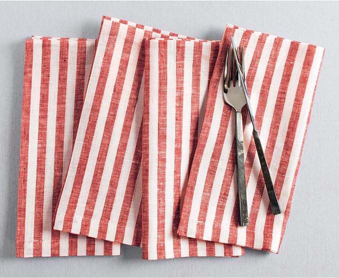 Solino Home Linen Napkins Set of 4-100% Pure Linen Amalfi Stripe Red and White Cloth Dinner Napkins 20 x 20 Inch - Handcrafted and Machine Washable - Christmas