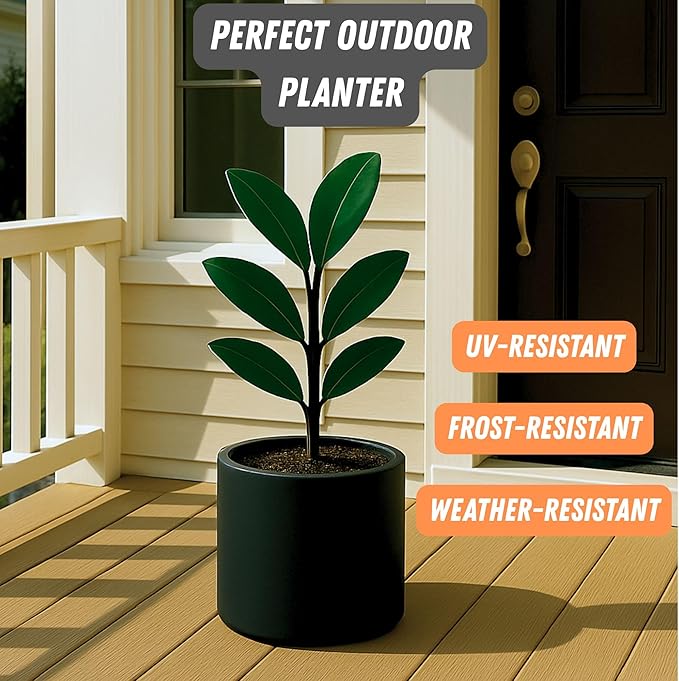 Fox & Fern 8 Inch Black Plant Pot with Drainage Plug — Premium Lightweight Fiberstone Matte Black Planter; 8 Inch Pots for Plants; for Indoor & Outdoor Use; Weather Resistant & UV Resistant