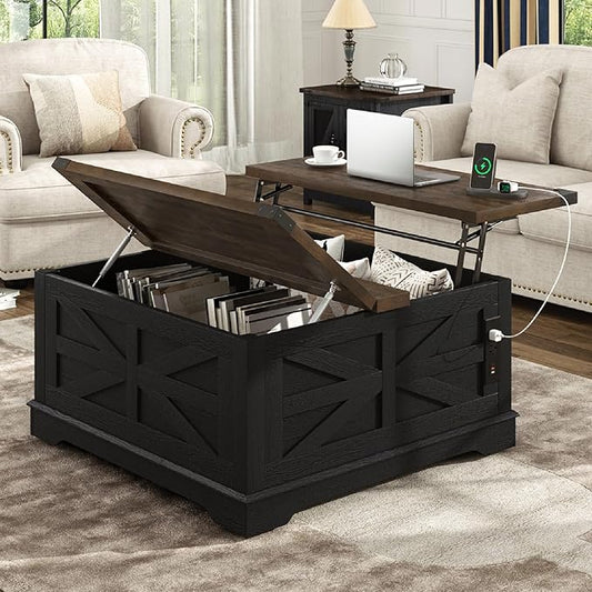 36" Farmhouse Movable Lift Top Coffee Table with Storage and Power Outlets, Square Wood Living Room Tables with Wheels&Large Hidden Space, Lift Wooden Barn Door Center Table, Black