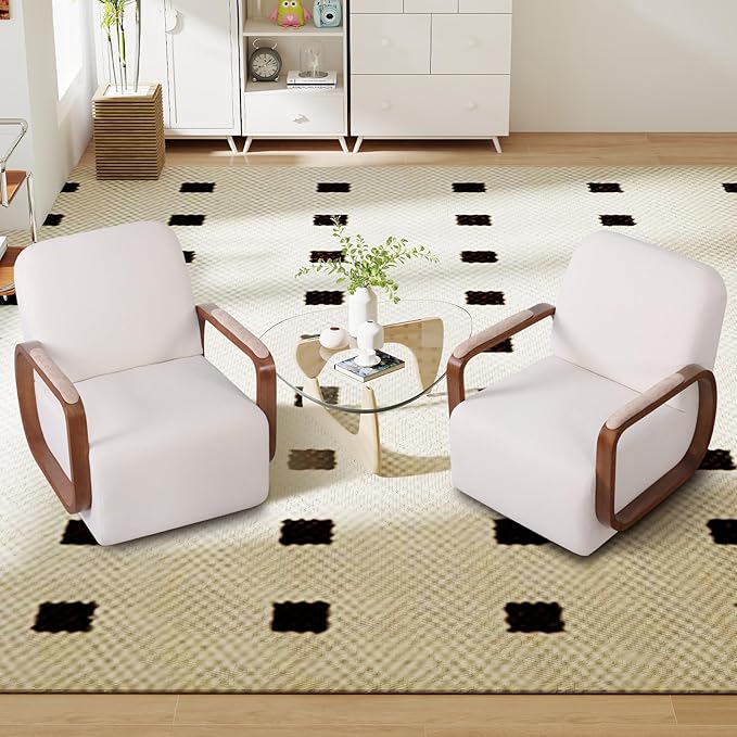 360° Swivel Accent Chair Set of 2 with Solid Wood Base, Swivel Living Room Chair with Chenille Fabric (Beige, Set of 2)
