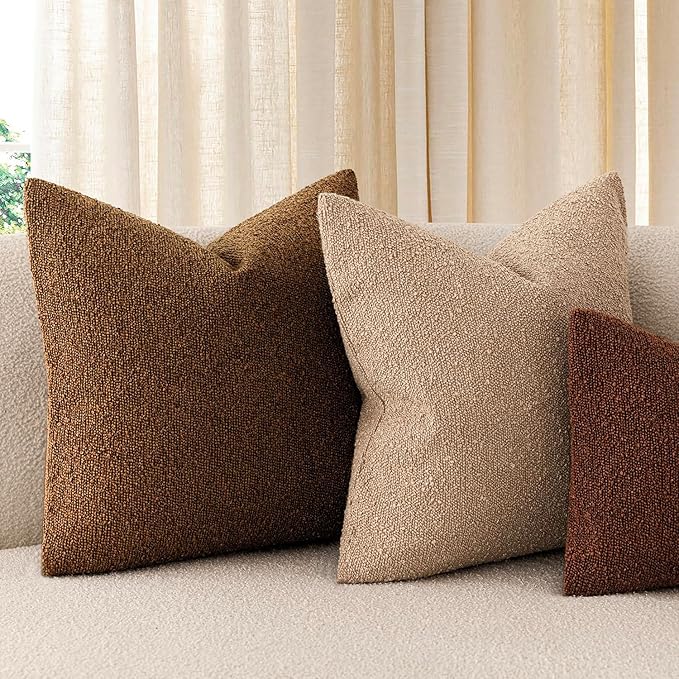 Foindtower Set of 2, Decorative Textured Boucle Throw Pillow Covers Accent Solid Pillow Cases Neutral Soft Cozy Couch Cushion Case for Chair Sofa Bedroom Living Room Home Decor 24x24 Inch Hazel Brown