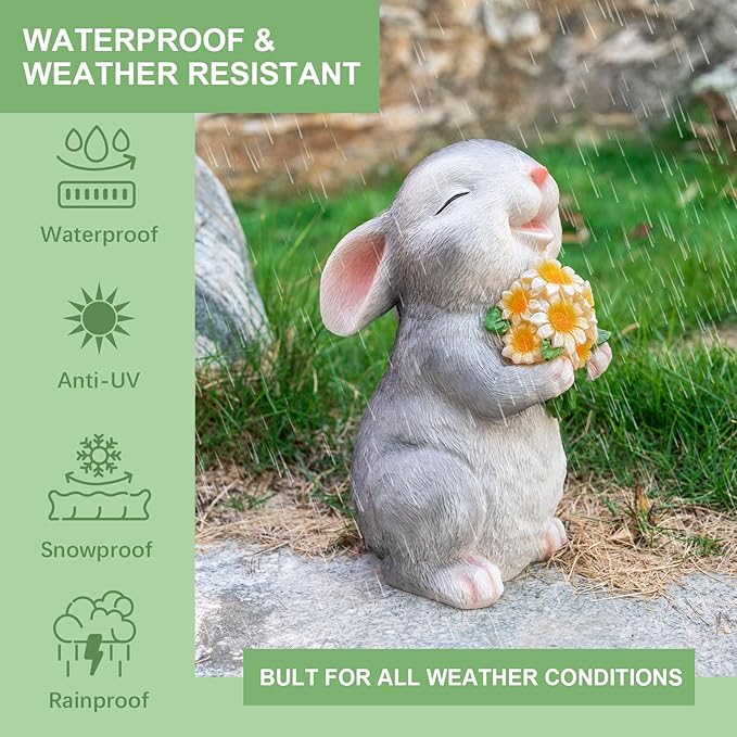 Solar Rabbit Garden Statues Outdoor Bunny Decor Resin Rabbit Figurine Holding Sunflower with LED Lights for Proch Patio Lawn Yard Mothers Day Gardening Gifts for Mom Grandma