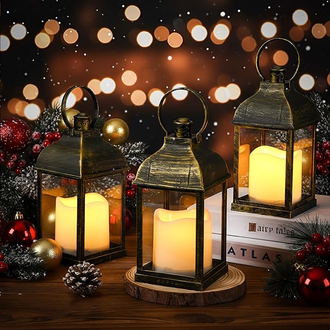 12 Set 10 Inch Bronze Decorative Candle Lanterns Bulk Lanterns Centerpiece with LED Flameless Candle Indoor Outdoor Battery Powered Hanging Lights for Wedding Halloween Thanksgiving Christmas