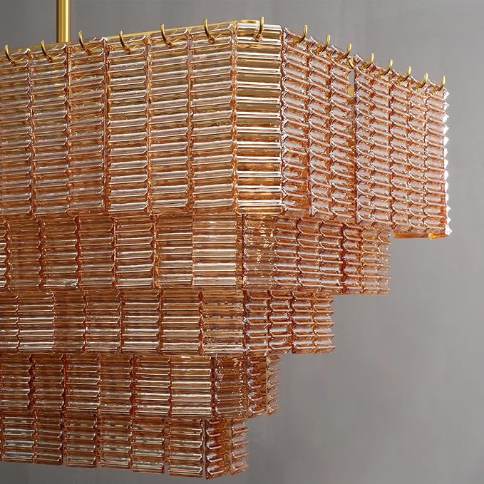 Rectangular Large Chandelier for Dining Room, 59" Amber Glass Pendant Light Fixture Over Kitchen Island, Linear Chandelier with Adjustable Height, Gold Chandeliers for Dining Table & Living Room