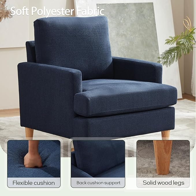 VKNOW Mid-Century Accent Chair, Modern Upholstered Armchair for Living Room, Comfy Reading Accent Chairs with Wood Legs for Bedroom, Navy Blue Polyester
