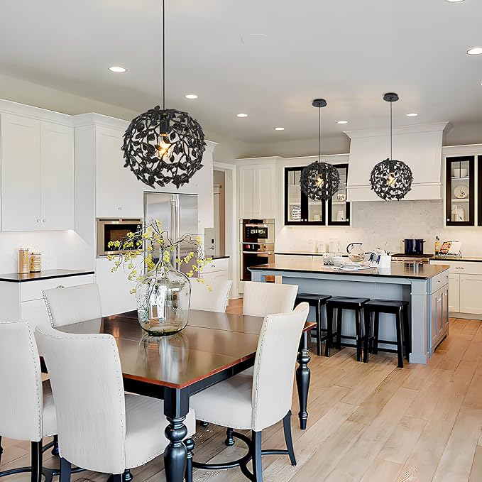 Black Round Tree Branch Pendant Lights Kitchen Islands, 13.8" Modern Farmhouse Adjustable Hanging Light Fixtures, Matte Black Metal Spherical Leaf Pendant Lighting for Dinning Room Bedside Hallway