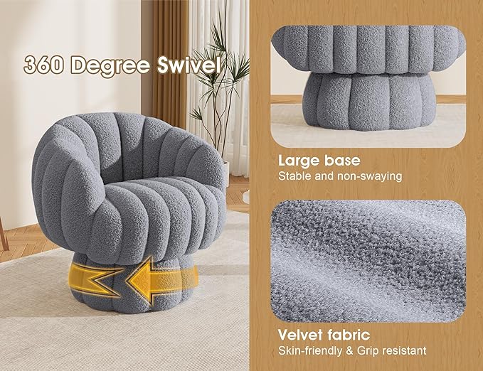Mid Century Modern 360 Degree Barrel Swivel Accent Sofa Chair,Fluffy Sherpa Fabric Lounge Wide Upholstered Pumpkin Reading Chair, Round Cloud Armchair for Living Room,Bedroom,Vanity(Grey)