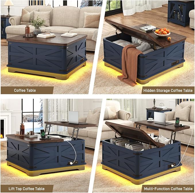 36" Farmhouse LED Lift Top Coffee Table with Storage and Power Outlets, Square Wood Living Room Tables with LED Lights & Large Hidden Space, Lift Wooden Barn Door Center Table, Navy Blue