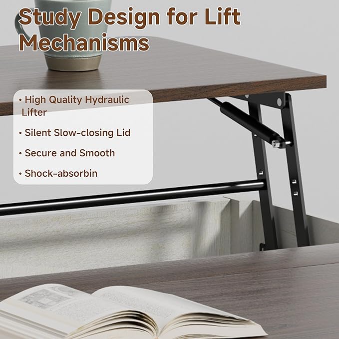 35" Farmhouse Lift Top Coffee Table, Wood Square Center Table with Charging Station, Rounded Edge Table with Hidden Storage, for Living Room, Bedroom, Office, AC, USB Output, White Walnut