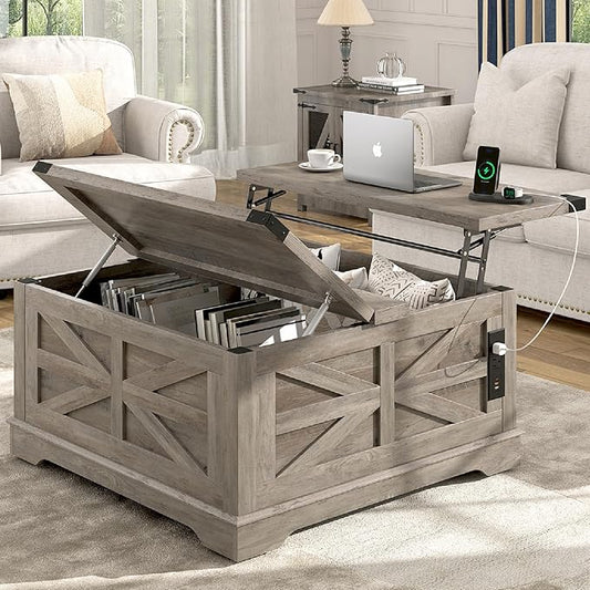 36" Farmhouse Movable Lift Top Coffee Table with Storage and Power Outlets, Square Wood Living Room Tables with Wheels&Large Hidden Space, Lift Wooden Barn Door Center Table, Grey