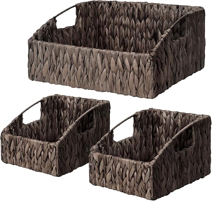 Ollieroo Natural Water Hyacinth Storage Baskets, Handwoven Wicker Storage Bins with Built-in Handles, Storage Container Baskets for Shelves, Bedroom, Bathroom, Laundry Room or Kitchen(Black)