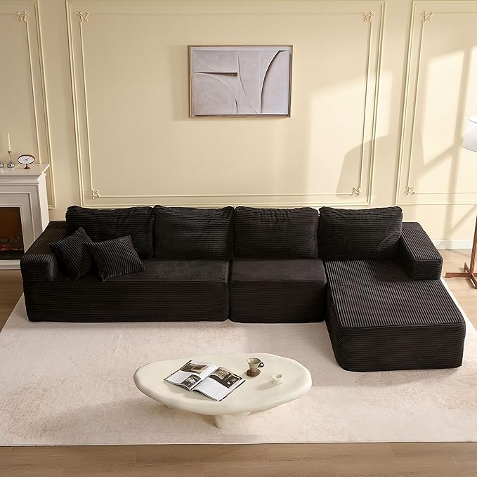 138" Boneless Couch with Deep Seat, Modular Sectional Sofa, Cloud Sectional Couch for Living Room, No Assembly Required, Corduroy, 4 Seater L-Shape Right, Black
