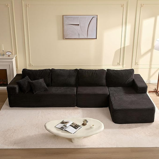 138" Boneless Couch with Deep Seat, Modular Sectional Sofa, Cloud Sectional Couch for Living Room, No Assembly Required, Corduroy, 4 Seater L-Shape Right, Black