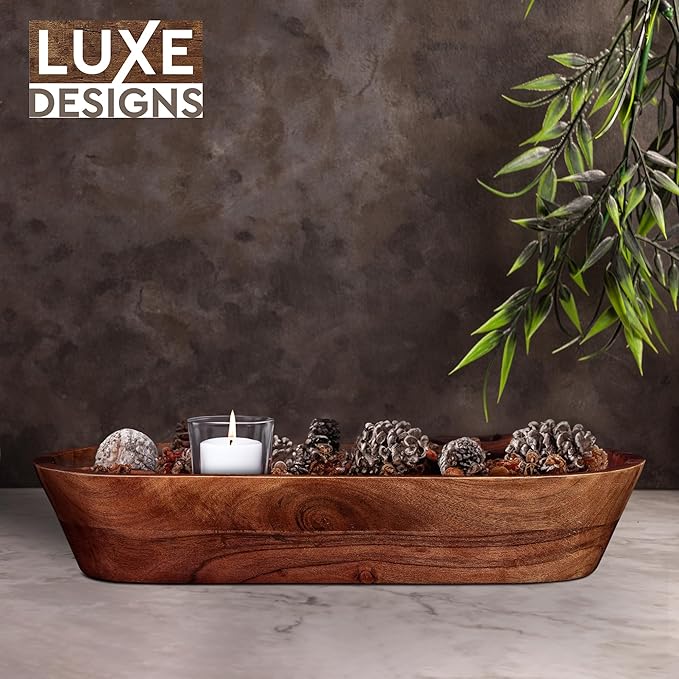 Luxe Designs Wooden Dough Bowl - Dark Burnt Acacia Wood - Handmade Decorative Bowls for Home Decor, Bathroom, Kitchen Counter, & More - Rustic Large Wood Dough Bowl for Decor, Cosmetics, and Keys