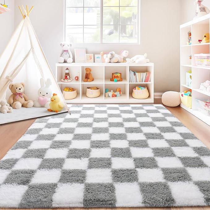 Checkered Rug for Living Room 6x9, Ultra Fluffy Fuzzy Shag Large Area Rug for Bedroom, Modern Plush Soft Upgrade Non-Slip Carpet for Kids Girls and Boys Room Dorm Home Decor, White and Grey