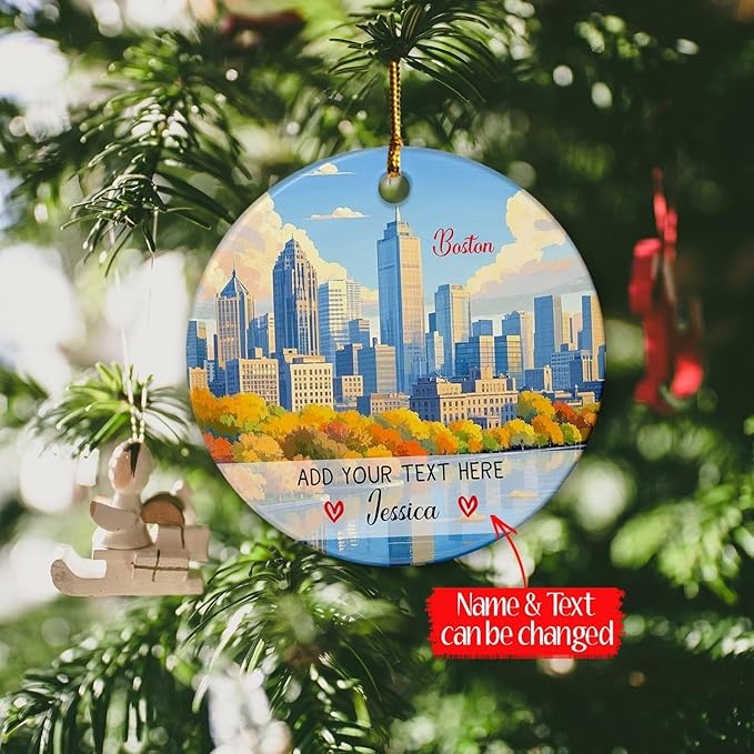 Personalized Massachusetts USA Travel Souvenir Ornament, Custom Text/Name Boston Skyline Ceramic Christmas Tree Ornament 2025, Boston Vacation Trip Xmas Keepsake Ornaments Gifts for Family Friends