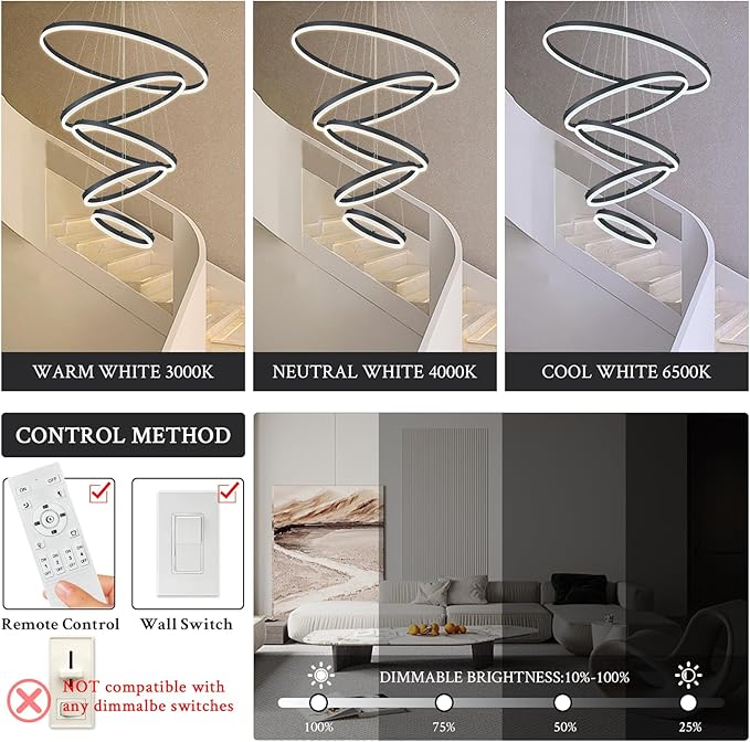 5-Rings D31.5’’ Modern LED Chandelier Black Dimmable High Ceiling Chandeliers Foyer with Remote Control for Entryway Living Room Dining Room Staircase, 3000K-6500K