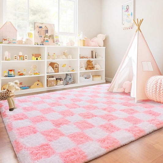 Checkered Rugs for Bedroom, Ultra Fluffy Fuzzy Shag Area Rug for Living Room 5x7, Modern Plush Soft Upgrade Non-Slip Carpet for Kids and Girls Room Dorm Nursery Home Decor, Pink and White