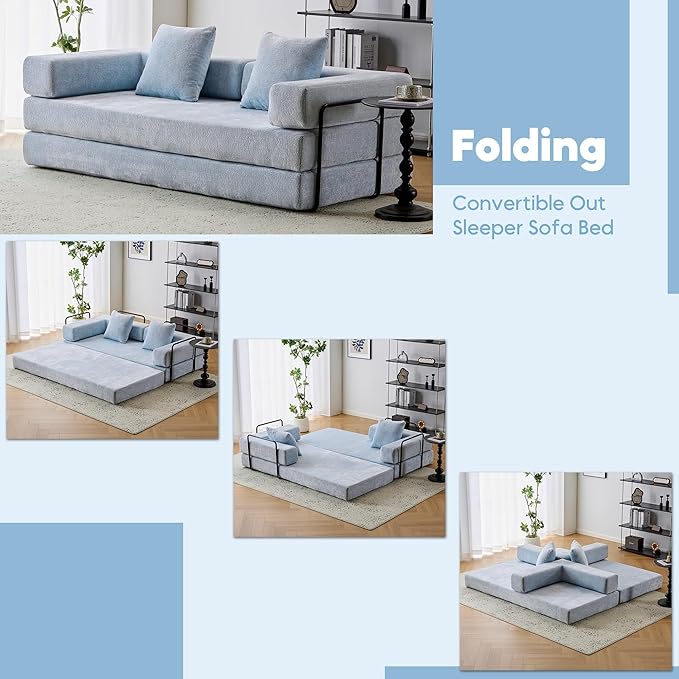 Convertible Folding Mattress Couch, Floor Sofa Bed with Fixed-Shape Frame, Corduroy Floor Sofa with Armrest, Floor Sofa Lounge Couch for Living Room Bedroom Lounge Studio-Light Sky Blue