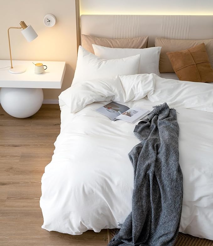 JIYUAN 100% Washed Cotton Duvet Cover Set 3 Pieces Super Queen, 1 Duvet Cover 90x98 Inches(Comforter Not Included) and 2 Pillowcases,Linen Feel Bedding Set Comfy and Breathable,Bright White