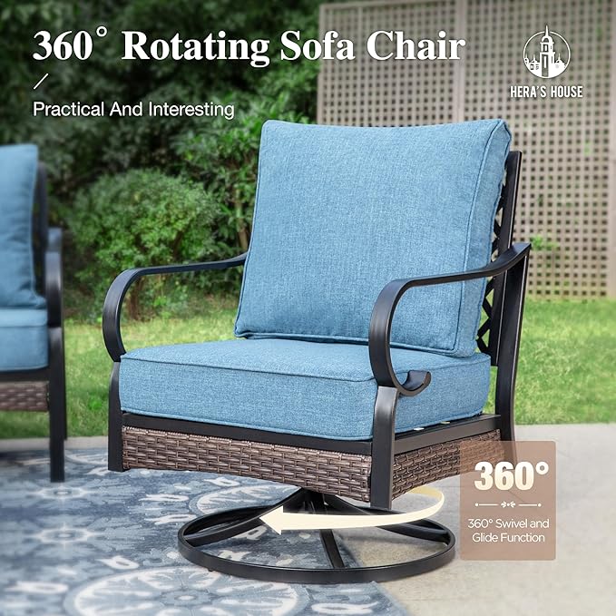 HERA'S HOUSE 4 Piece Patio Furniture Set with 56" Fire Pit Table, 2 x Swivel Cushioned Chair, 1 x 3-Seat Sofa, 5-Seats Outdoor Conversation Set for Lawn Garden Deck, Navy Blue