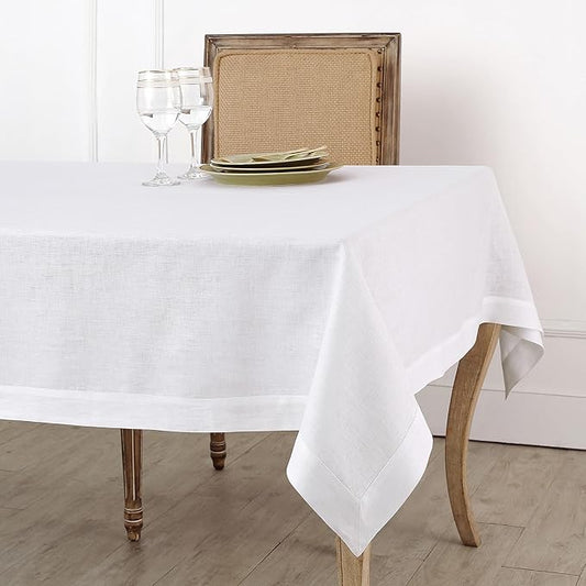 Solino Home Linen White Tablecloth 60 x 90 Inch - 100% Pure Linen Rectangular Tablecloth - Machine Washable Table Cloth for Fall, Autumn, Halloween, Thanksgiving, Christmas, Holiday - Fete