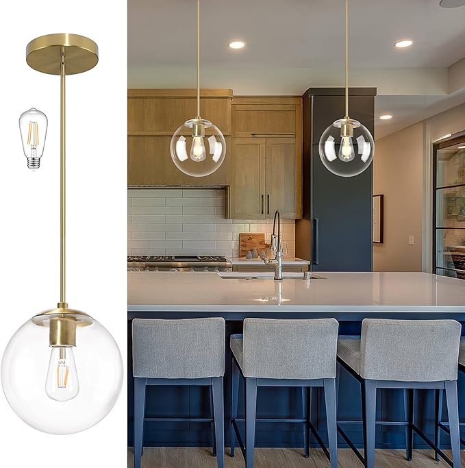 10 Inch Globe Pendant Light Gold Mid Century Pendant Light Adjustable Hanging Light Fixture Globe Pendant Lights Kitchen Island Clear Glass with Brass Finish for Dining Room