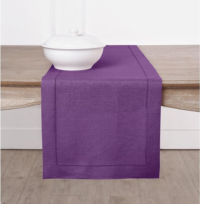 Solino Home Linen Purple Table Runner 60 Inches - Classic Hemstitch, 100% Pure Linen Coffee Table Runner 14 x 60 Inch Ideal for Dresser Tables - Fall, Autumn, Halloween, Thanksgiving, Holiday