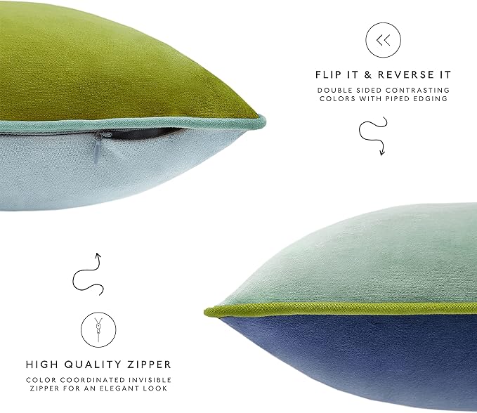 MONDAY MOOSE Decorative Throw Pillow Covers Cushion Cases, Set of 4 Soft Velvet Modern Double-Sided Designs, Mix and Match for Home Decor, Pillow Inserts Not Included (20x20 inch, Green/Blue)