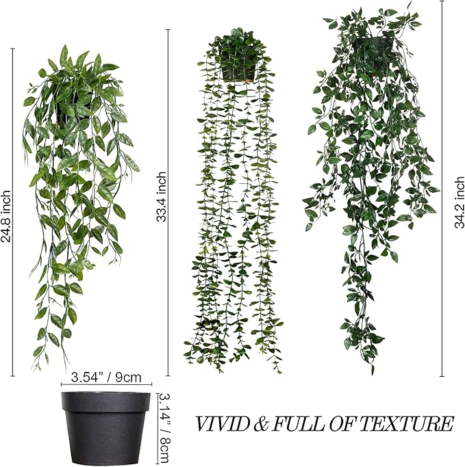 Sggvecsy Fake Hanging Plants 3 Pack Artificial Eucalyptus Fake Potted Greenery Faux Eucalyptus Mandala Vine Pea Pod for Home Indoor Outdoor Wall Garden Wedding Decor