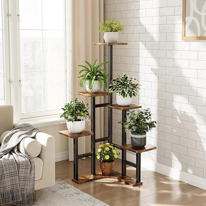Corner Plant Stand Indoor, 6 Tiered Corner Plant Shelf Flower Stand for Multiple Plants, Plant Shelves Organizer Rack for Living Room, Balcony, Patio, Garden, Square Rustic Brown