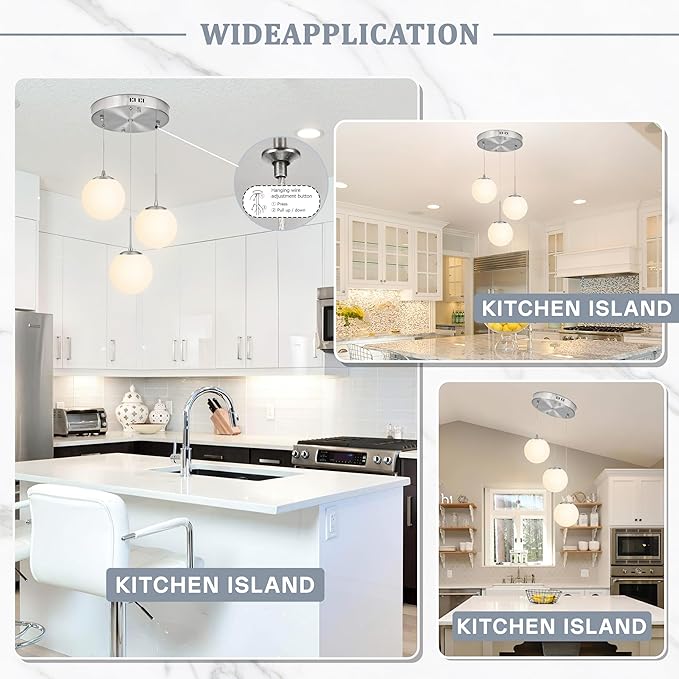 KoKo&Yukina Globe Pendant Light 3 Light Nickel Globe Pendant Lights Kitchen Island Mid Century Light Fixture with Milky White Glass Shade for Dining Room Living Room