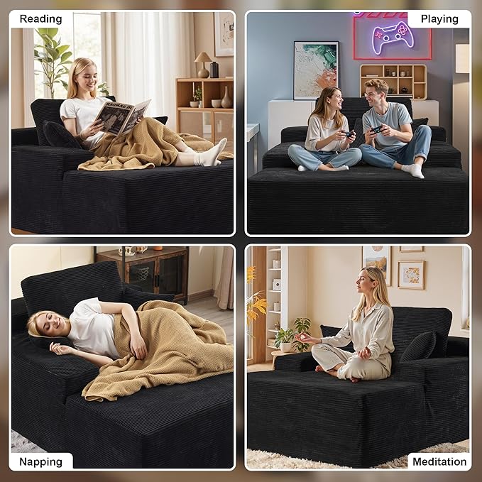 Chaise Lounge Chair Indoor, 67" Oversized Comfy Corduroy Sleeper Sofa Bed, Boneless Upholstered Recliner Bed with Pillows and Wide Armrests, Modern Cloud Couch for Living Room, Black