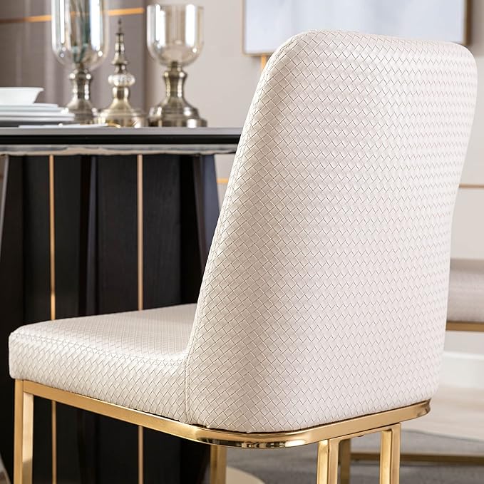VESCASA Woven Faux Leather Upholstered Dining Chairs with Back, Mid Century Modern Chairs with Gold Metal Frame for Dining Room, Restaurant, Kitchen, Set of 6, Beige