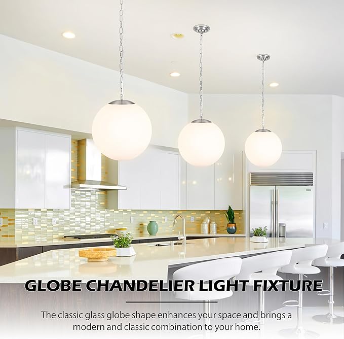 KoKo&Yukina 13.7 Inch Nickel Globe Pendant Light Adjustable Globe Pendant Lights Kitchen Island Mid Century Light Fixture with Milky White Glass Shade for Living Room