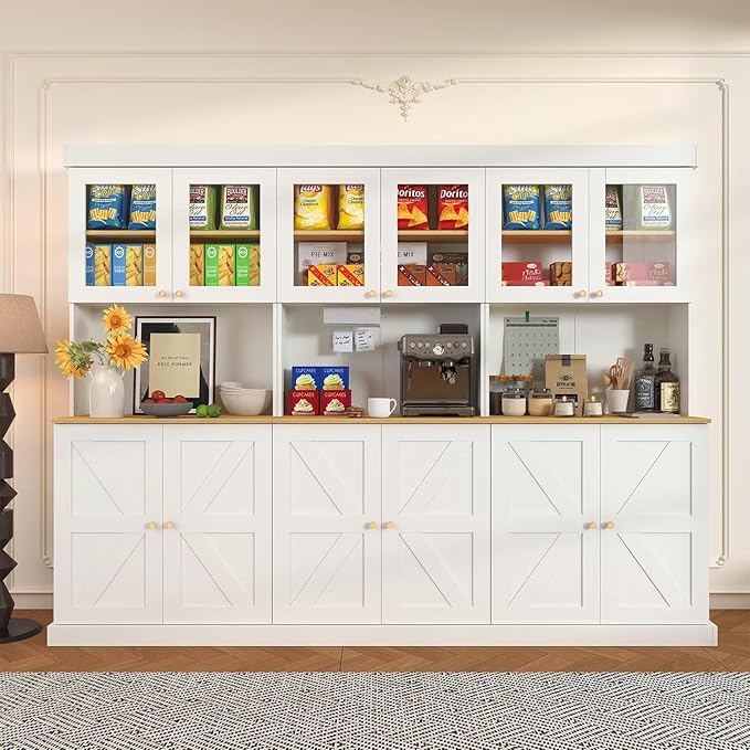 71" Farmhouse Kitchen Pantry Cabinet Set of 3, White Freestanding Coffee Bar with Glass Doors, Microwave Stand, Large Storage Hutch with Adjustable Shelves for Kitchen or Living Room