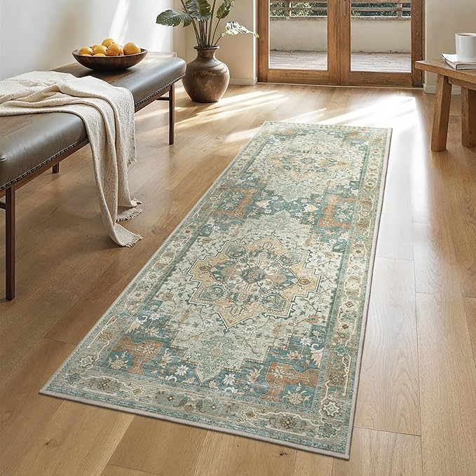 GENIMO 2x10 Runner Rugs for Hallway, Machine Washable Non Slip Vintage Rugs, Low Pile Lightweight Soft Print Rug for enrtyway, Corridor, Home Office, Kitchen,Ash Blue