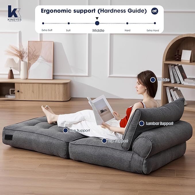KINGYES Folding Sofa Bed, Convertible Sleeper Chair with Pillow, Foldable Single Futon Chair Floor Sofa Lounge for Living Room, Grey