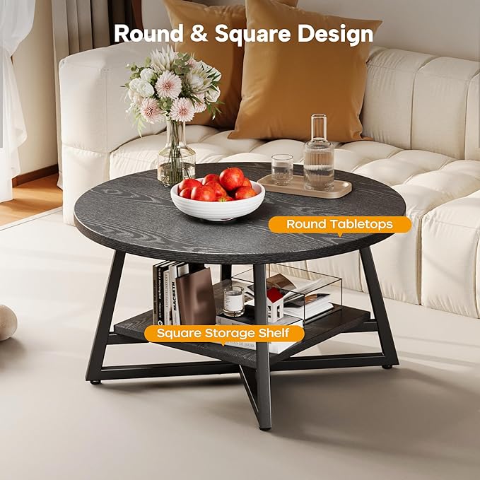 Coffee Table for Living Room, Round Coffee Table, Small Circle Coffee Table with Storage, Modern Wood Round Center Table for Home Office, Small Space, Easy Assembly, Black