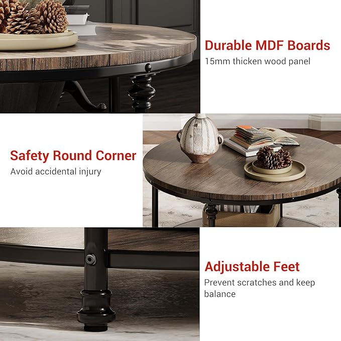 Garvee Round Coffee Table, 2 Tier Center Table with Storage for Living Room, 30.5 x 18 Inches, Wood Center Table for Living Room, Apartment, Easy to Assemble