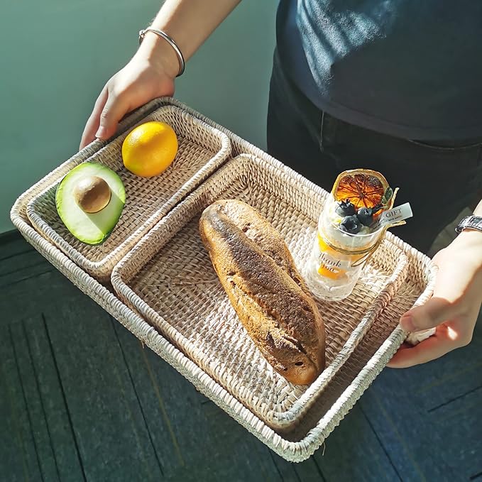 i-lan Set of 3 Handmade White Rattan Rectangle Serving Tray,Washed White Wicker Serving Organizer Tabletop Fruit Platter with 2”Wall,14 Inch Decorative Bread Drinks Snack Storage Serving Basket Tray