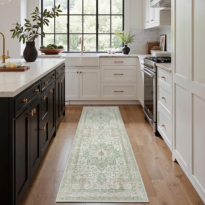 GENIMO 2'6''x12 Runner Rugs for Hallway, Machine Washable Non Slip Vintage Rugs, Low Pile Lightweight Soft Print Rug for Enrtyway, Corridor, Home Office, Kitchen, Oat Light