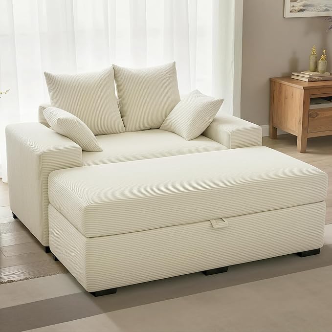 Indoor Chaise Lounge Chair with Storage Ottoman, Modern 60-Inch Lounge Sofa Chair with Wide Armrests & 4 Pillows, Oversized Comfy Reading Lounger for Living Room, Bedroom（Medium-Rib Corduroy Beige）