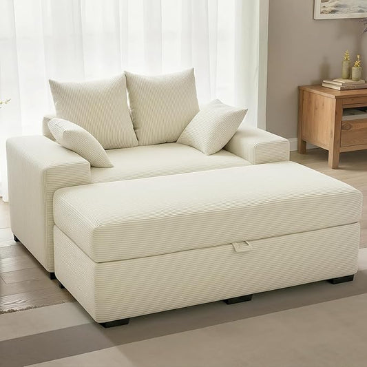 Indoor Chaise Lounge Chair with Storage Ottoman, Modern 60-Inch Lounge Sofa Chair with Wide Armrests & 4 Pillows, Oversized Comfy Reading Lounger for Living Room, Bedroom（Medium-Rib Corduroy Beige）